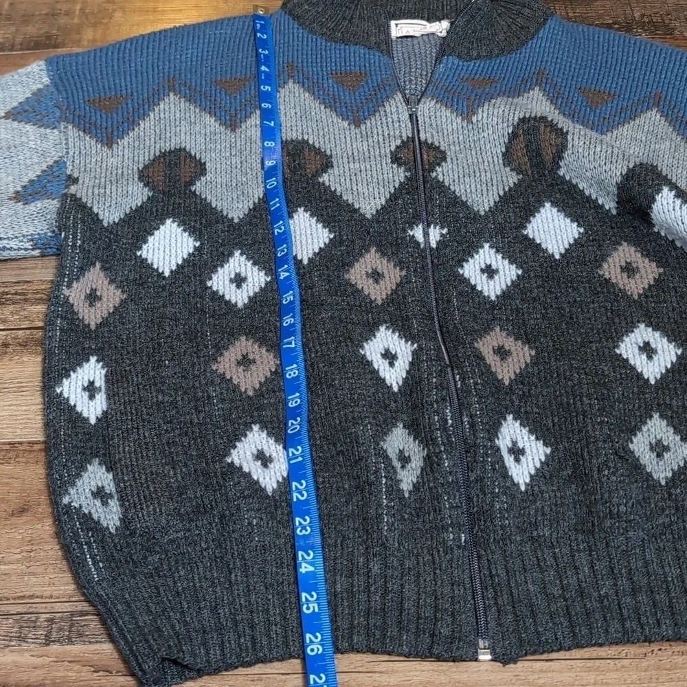 Lazarus Vintage 80's Wool Blend Geometric Full Zip Old Man Sweater Size Large